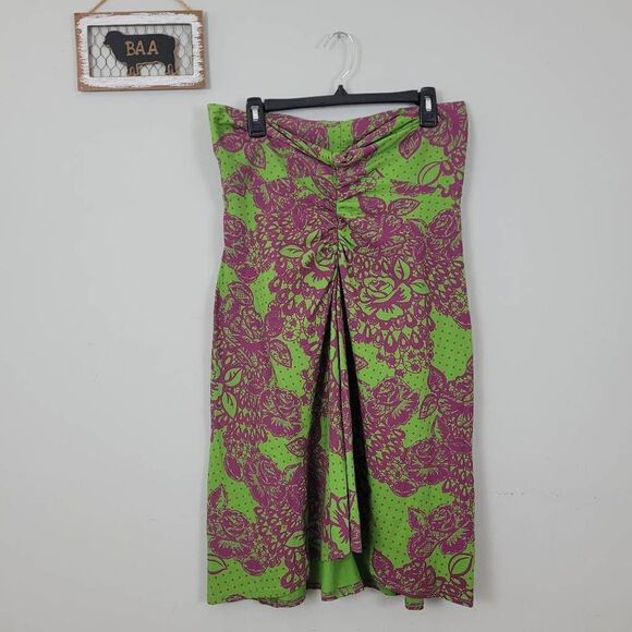 Title Nine A-line Skirt Sz L Floral Green Purple Ruched Waist Front Slit Stretch - Picture 1 of 5